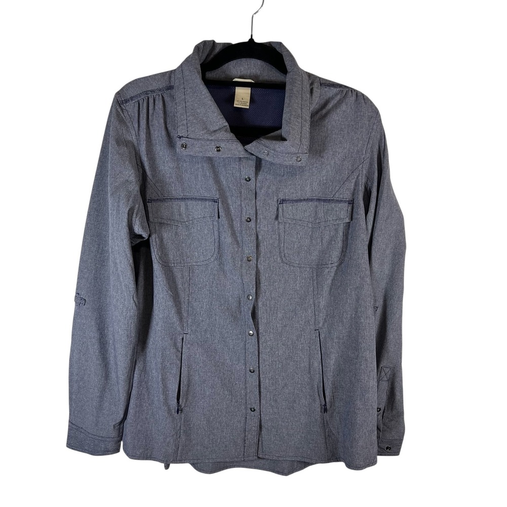 Duluth Trading Co Womens‎ purple Micro Stripe Roll Tab Sleeve Utility Shirt L